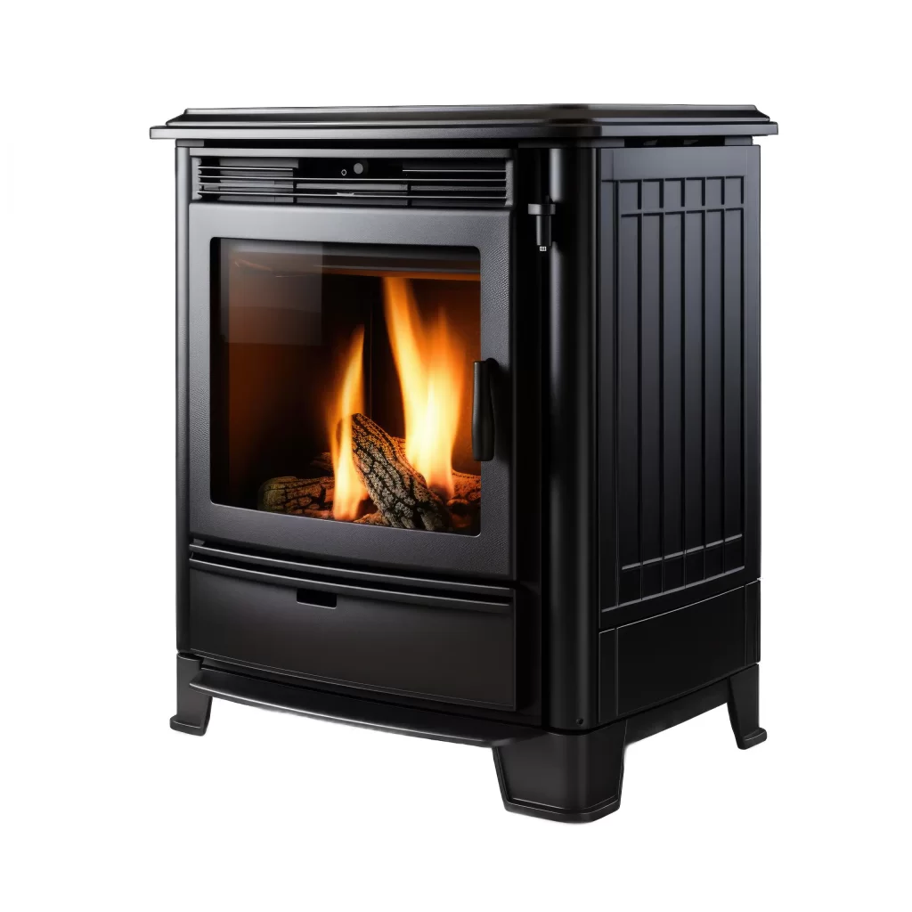 Stufa a legna in ghisa con fiamma accesa