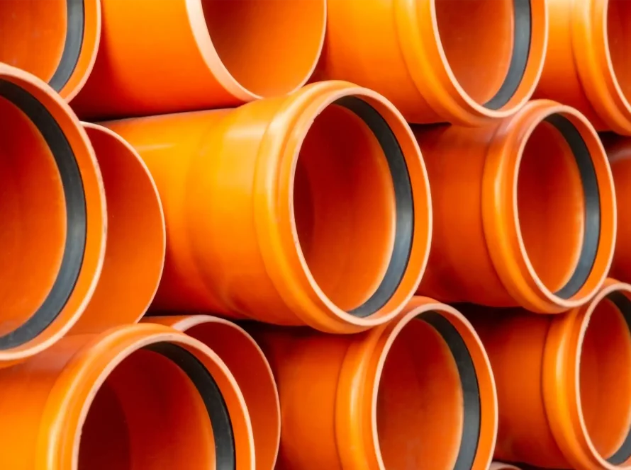 Primo piano su estremità di tubi in PVC arancione