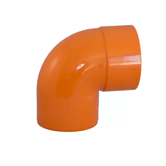 Curva 87°30' in PVC rigido di colore arancione per impianti di scarico e drenaggio.