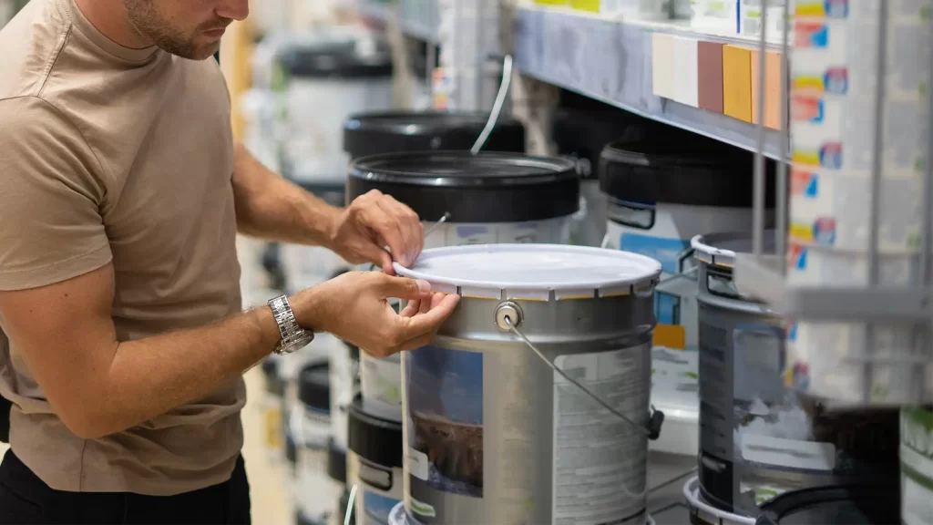 Uomo apre un secchio di vernice in negozio