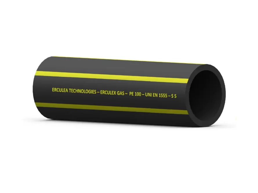 Tubo in polietilene PE100 GAS S5 SDR11 con bande gialle, certificato UNI EN 1555-2:2021 per la distribuzione di gas combustibile.