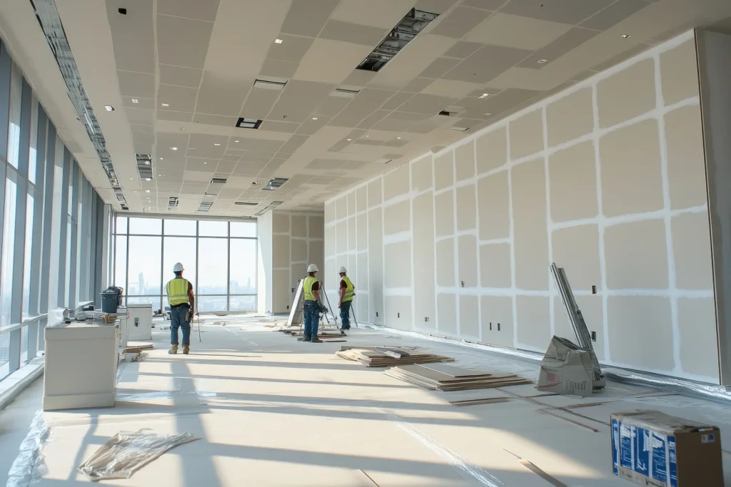 Insieme di operai che ristrutturano un ambiente moderno