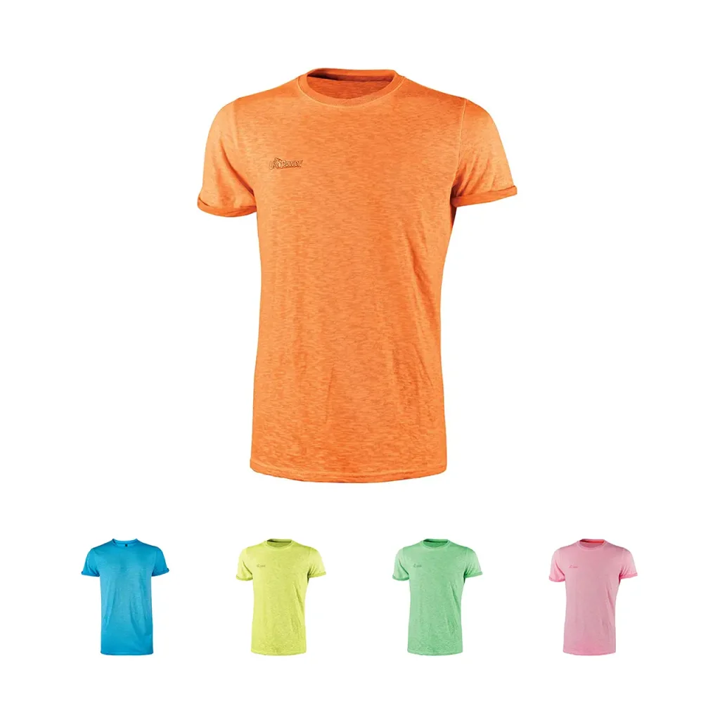 T-shirt U-Power fluo arancione con quattro varianti di colore.