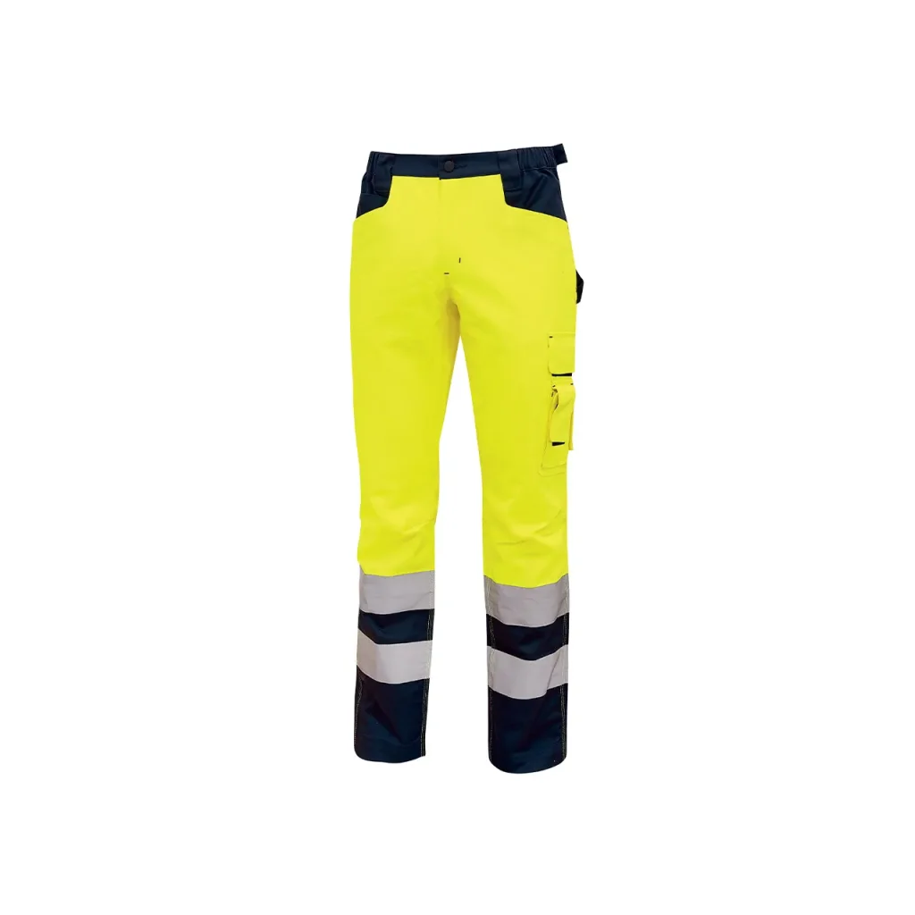 Pantaloni alta visibilit&agrave; gialli con inserti blu e bande rifrangenti grigie.
