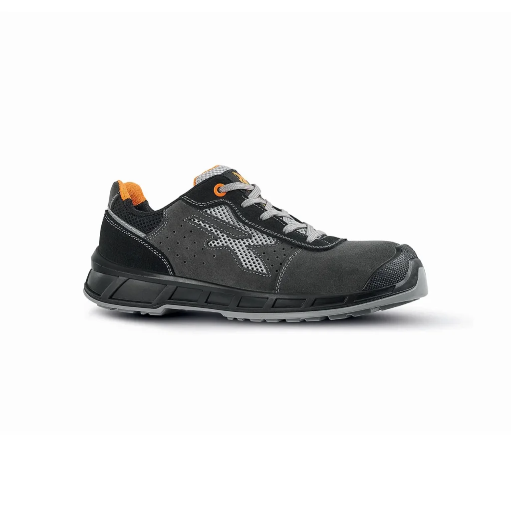 Scarpa U-Power Mars nera con logo e fodera arancione.