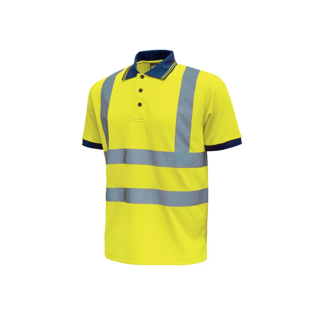 Polo alta visibilit&agrave; gialla con colletto blu e bande rifrangenti.