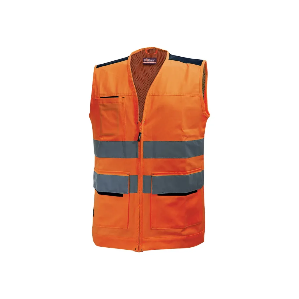 Gilet da lavoro arancione con bande rifrangenti grigie e tasche frontali.