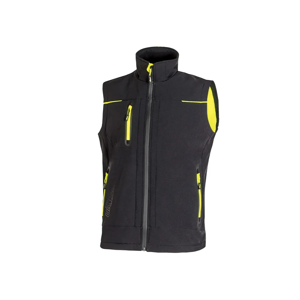 Gilet nero U-Power con zip e dettagli gialli.